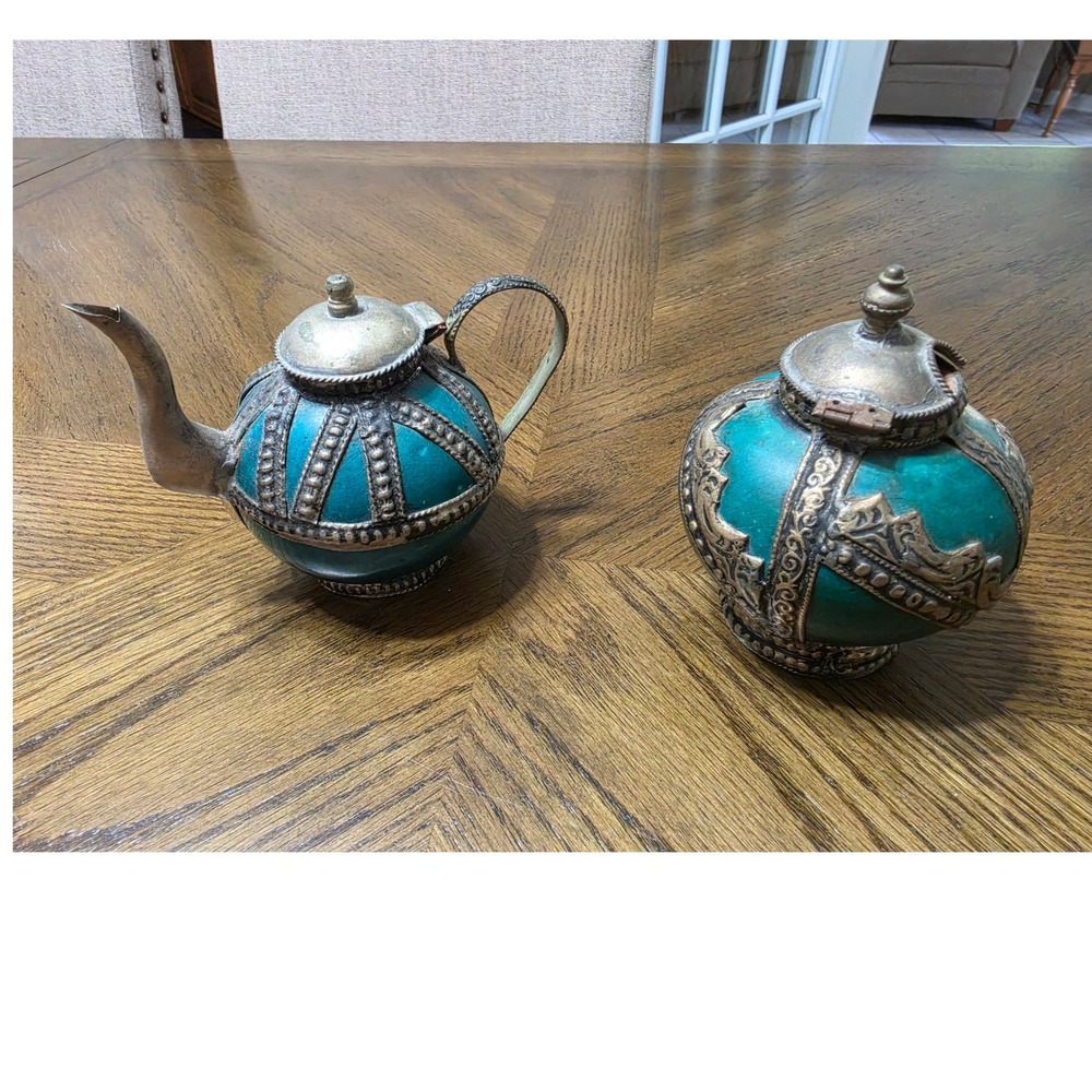 Vintage Moroccan Teal Ceramic Metal Filigree Teapot and Lidded Jar Set 2 Piece